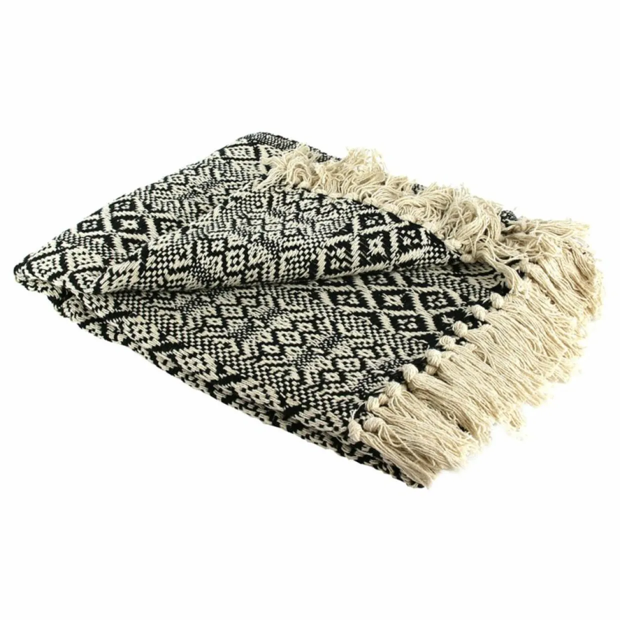 Plaid ethnique frange motif carreaux ecru/noir - 150x120 cm-Home Deco Factory Outlet