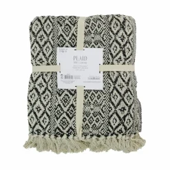 Plaid ethnique frange motif carreaux ecru/noir - 150x120 cm-Home Deco Factory Outlet