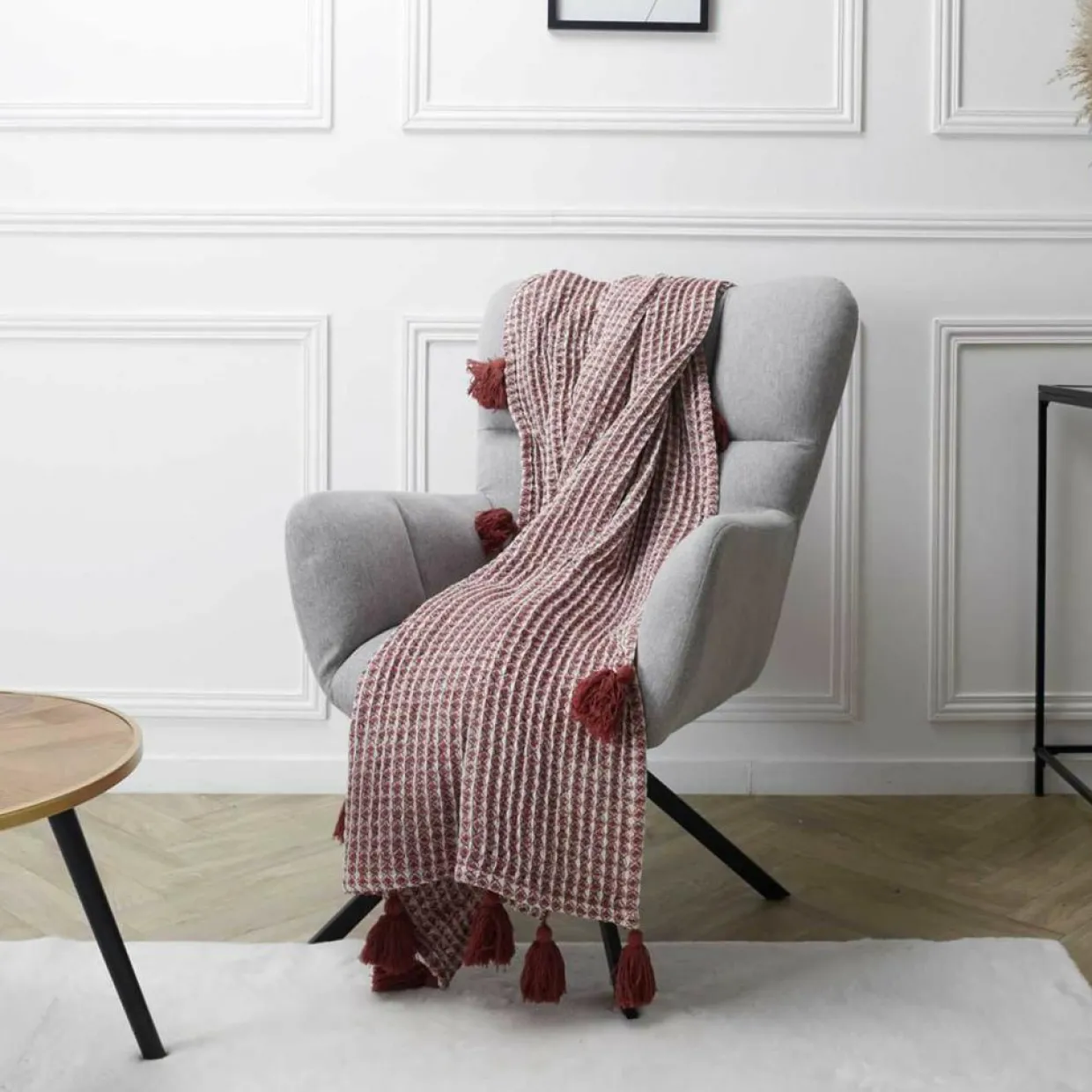 Home Deco Factory Plaids^Plaid gauffré pompons rouge/blanc - 150x125 cm