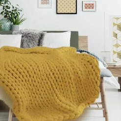 Plaid grosse maille chunky jaune - 150x120 cm-Home Deco Factory New