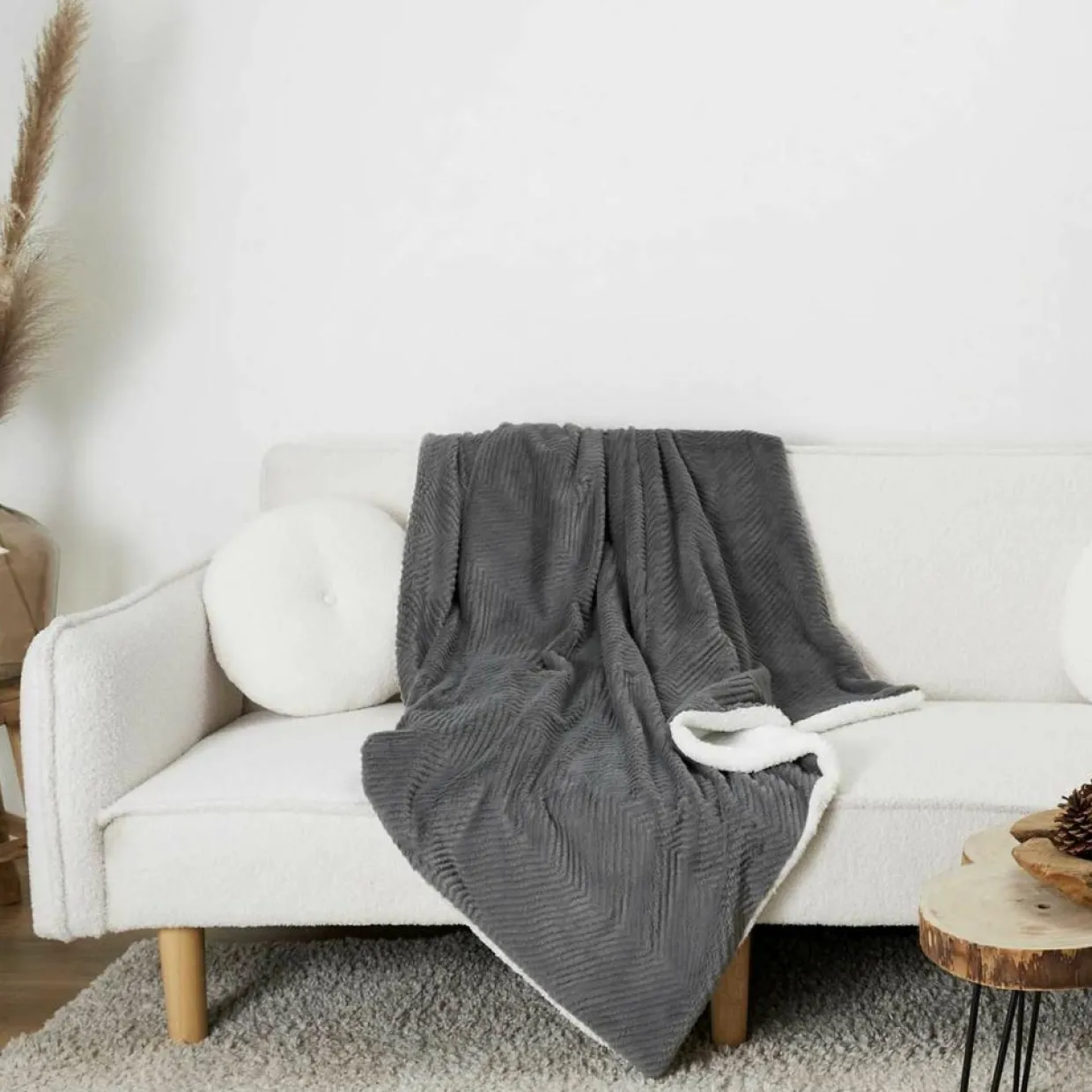 Plaid imitation fourrure sherpa gris - 140x200 cm-Home Deco Factory New