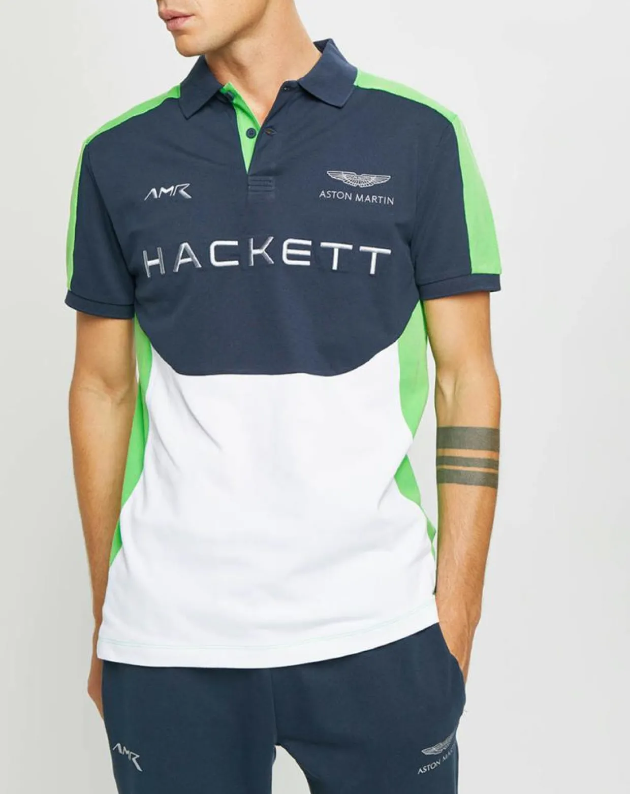 Homme Hackett London Polos^Polo Droit Multi Patch Aston Martin Racing bleu/blanc/vert fluo