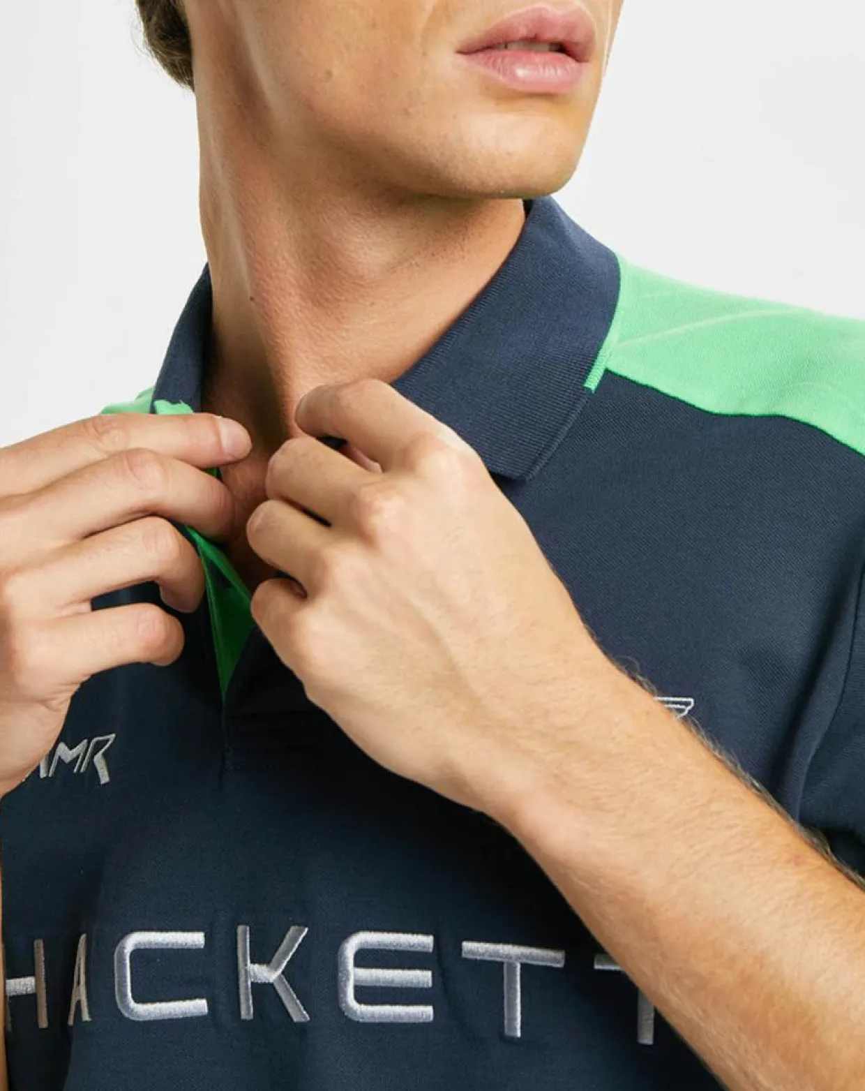 Homme Hackett London Polos^Polo Droit Multi Patch Aston Martin Racing bleu/blanc/vert fluo