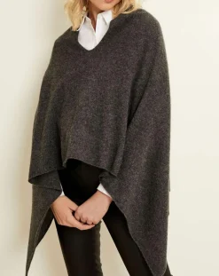 Femme Uverny Pulls^Poncho 100% Cachemire 4 fils col V gris chiné foncé