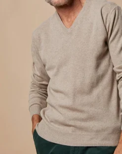 Homme Oscar et Louise Pulls^Pull 100% Cachemire 4 fils Antoine col V beige