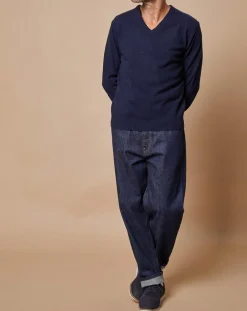 Homme Oscar et Louise Pulls^Pull 100% Cachemire 4 fils Antoine col V bleu marine