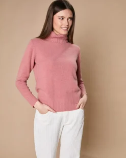 Femme Oscar et Louise Pulls^Pull 100% Cachemire 4 fils Audrey col roulé vieux rose