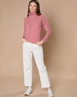 Femme Oscar et Louise Pulls^Pull 100% Cachemire 4 fils Audrey col roulé vieux rose