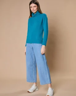 Femme Oscar et Louise Pulls^Pull 100% Cachemire 4 fils Audrey col roulé vert canard