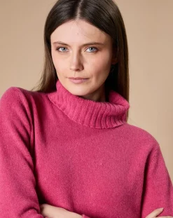 Femme Oscar et Louise Pulls^Pull 100% Cachemire 4 fils Audrey col roulé fuchsia