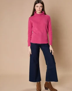 Femme Oscar et Louise Pulls^Pull 100% Cachemire 4 fils Audrey col roulé fuchsia