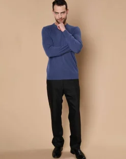 Homme Oscar et Louise Pulls^Pull 100% Cachemire 4 fils Harry col rond bleu denim