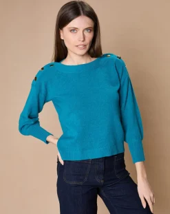 Pull 100% Cachemire 4 fils Jane col bateau bleu paon-Oscar et Louise Clearance