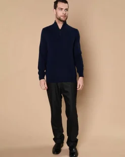 Homme Oscar et Louise Pulls^Pull 100% Cachemire 4 fils John col camionneur bleu marine/gris