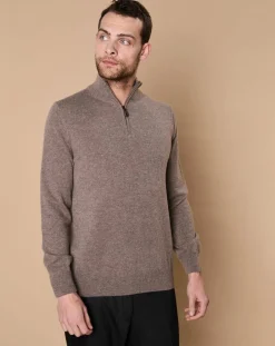 Homme Oscar et Louise Pulls^Pull 100% Cachemire 4 fils John col camionneur taupe/bleu