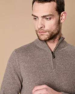 Homme Oscar et Louise Pulls^Pull 100% Cachemire 4 fils John col camionneur taupe/bleu