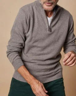 Homme Oscar et Louise Pulls^Pull 100% Cachemire 4 fils John col camionneur taupe foncé/bleu