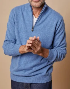 Pull 100% Cachemire 4 fils John col camionneur bleu denim clair/gris-Oscar et Louise Clearance