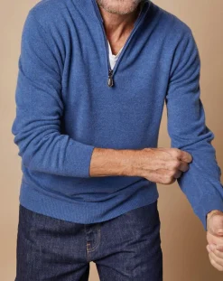 Pull 100% Cachemire 4 fils John col camionneur bleu denim foncé/gris-Oscar et Louise Outlet