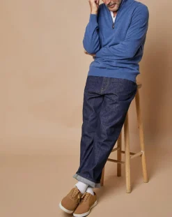 Pull 100% Cachemire 4 fils John col camionneur bleu denim foncé/gris-Oscar et Louise Outlet