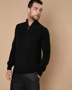 Homme Oscar et Louise Pulls^Pull 100% Cachemire 4 fils John col camionneur noir/gris