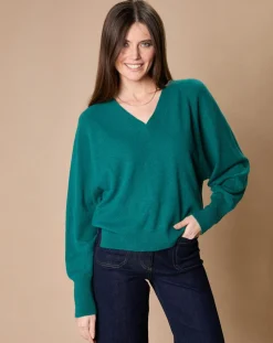 Femme Oscar et Louise Pulls^Pull 100% Cachemire 4 fils Romy col V profond vert canard