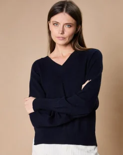 Femme Oscar et Louise Pulls^Pull 100% Cachemire 4 fils Romy col V profond bleu marine