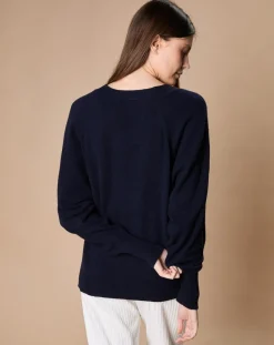 Femme Oscar et Louise Pulls^Pull 100% Cachemire 4 fils Romy col V profond bleu marine
