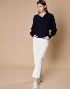 Femme Oscar et Louise Pulls^Pull 100% Cachemire 4 fils Romy col V profond bleu marine