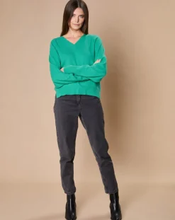 Femme Oscar et Louise Pulls^Pull 100% Cachemire 4 fils Romy col V profond chlorophylle