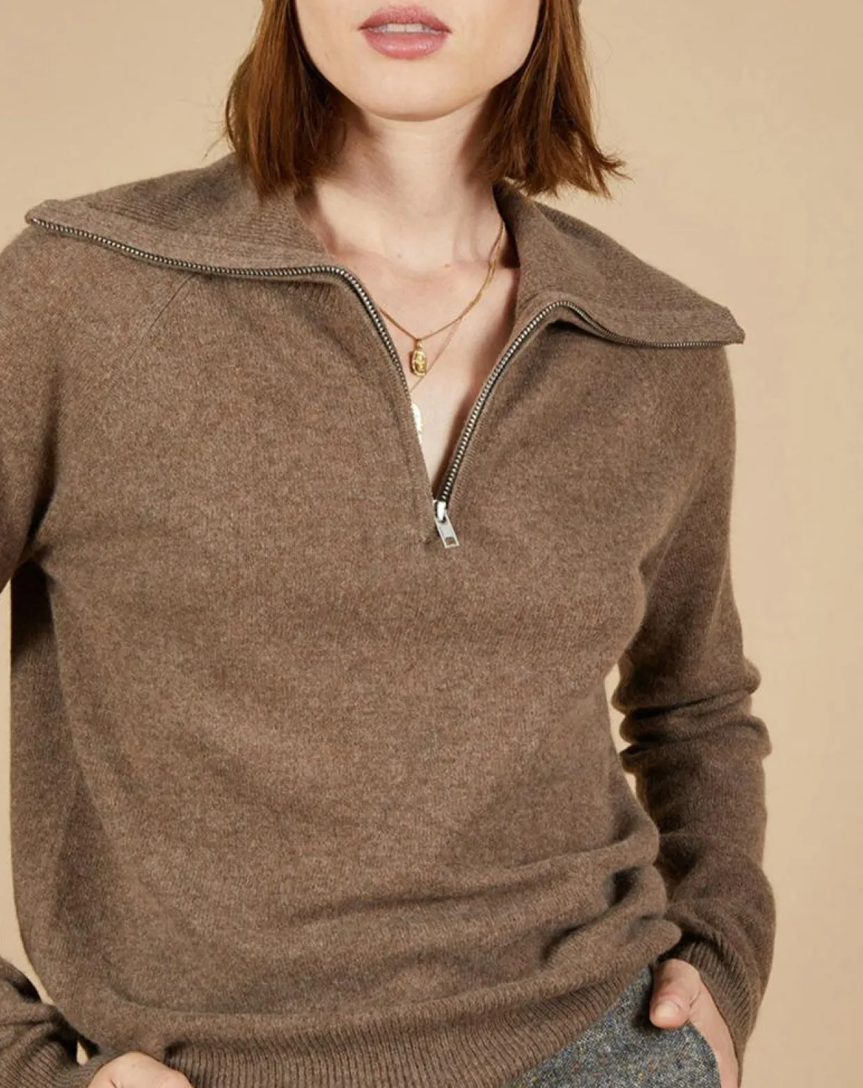 Femme Cashmere Tribu Pulls^Pull 100% Cachemire Audrey col zippé marron