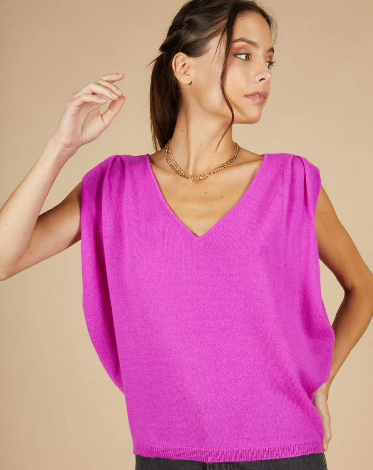 Pull 100% Cachemire Bella épaulettes violet fluo-Cashmere Tribu Online