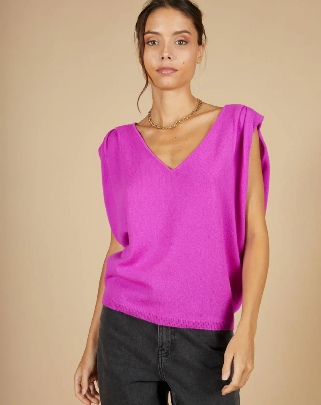 Pull 100% Cachemire Bella épaulettes violet fluo-Cashmere Tribu Online