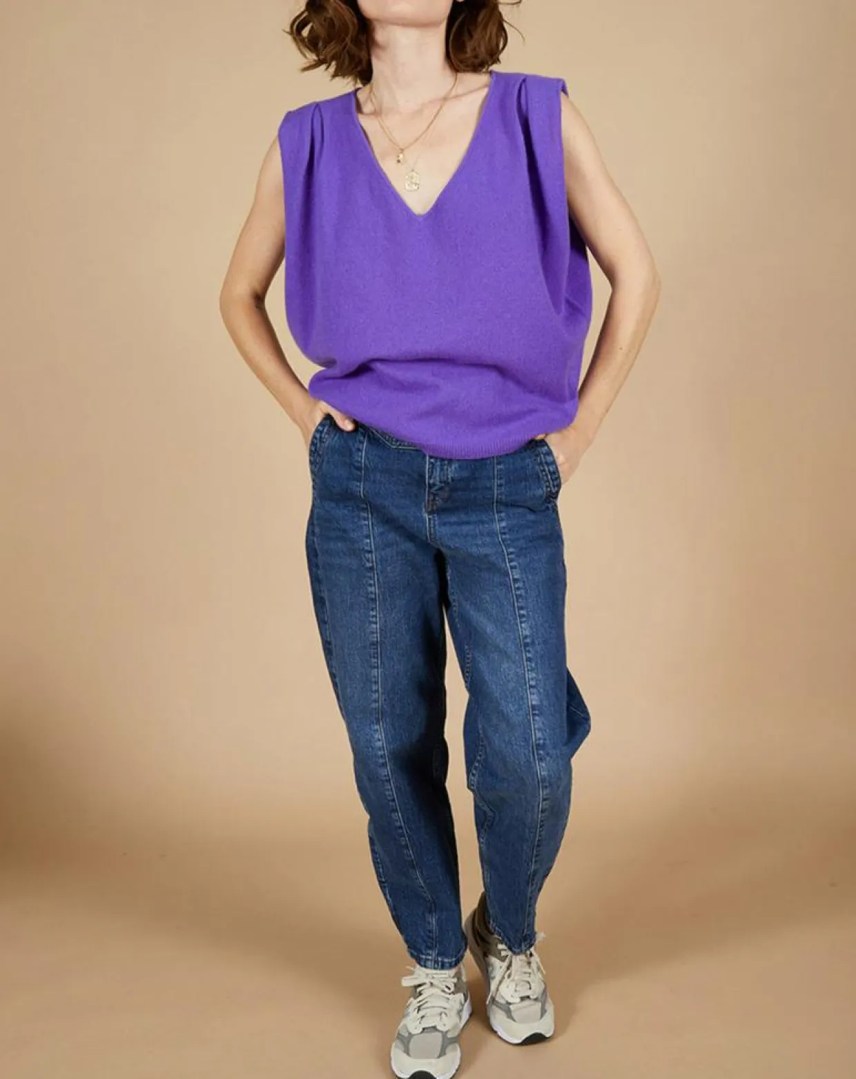 Pull 100% Cachemire Bella épaulettes violet-Cashmere Tribu Outlet