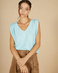 Pull 100% Cachemire Bella épaulettes bleu océan-Cashmere Tribu New