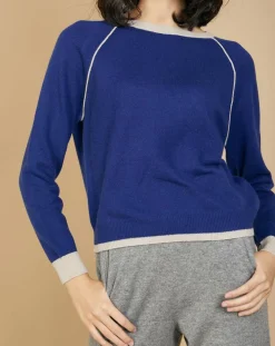 Femme Cashmere Tribu Pulls^Pull 100% Cachemire Bertha col rond manches raglan bicolore nautique/greige