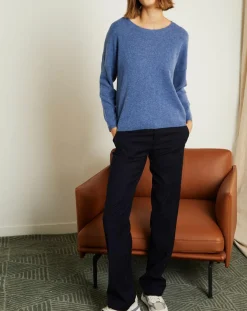 Pull 100% Cachemire Clémence Col rond bleu chiné-Miss Cashmere