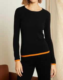 Femme Miss Cashmere Pulls^Pull 100% Cachemire col rond bicolore noir/orange