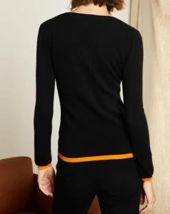 Femme Miss Cashmere Pulls^Pull 100% Cachemire col rond bicolore noir/orange