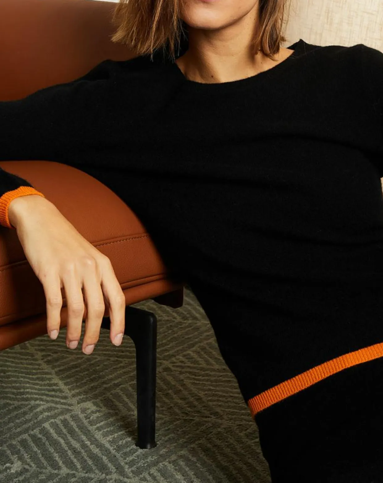Femme Miss Cashmere Pulls^Pull 100% Cachemire col rond bicolore noir/orange
