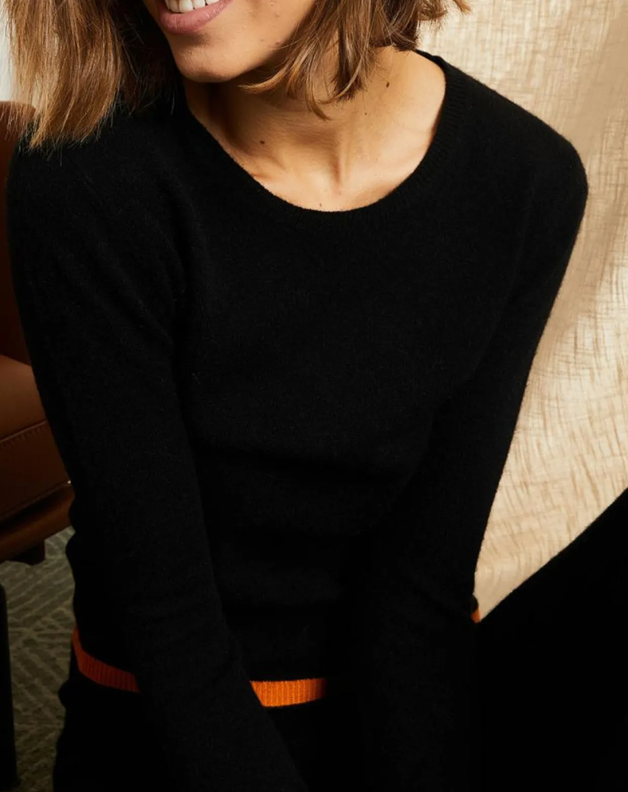 Femme Miss Cashmere Pulls^Pull 100% Cachemire col rond bicolore noir/orange