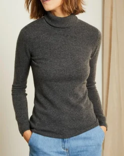 Pull 100% Cachemire col roulé gris chiné foncé-Miss Cashmere Online