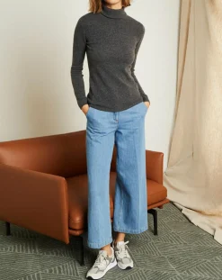 Pull 100% Cachemire col roulé gris chiné foncé-Miss Cashmere Online