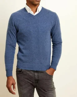 Pull 100% Cachemire col V Dublin bleu-Uverny Outlet