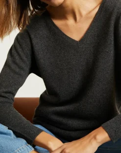 Femme Miss Cashmere Pulls^Pull 100% Cachemire col V profond gris chiné foncé