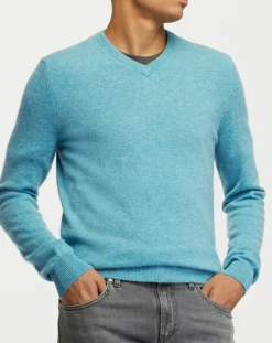 Pull 100% Cachemire col V Uni Nachve bleu-Galeries Lafayette