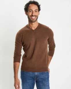 Homme Galeries Lafayette Pulls^Pull 100% Cachemire col V Uni Nachve marron
