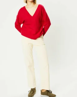 Pull 100% Cachemire Frani col V rose foncé-Galeries Lafayette Clearance