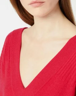 Pull 100% Cachemire Frani col V rose foncé-Galeries Lafayette Clearance