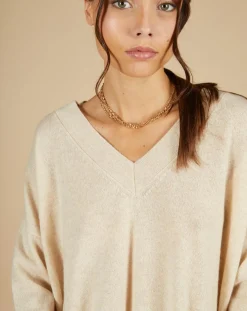Pull 100% Cachemire Iris Col V profond oversize blé-Cashmere Tribu Best